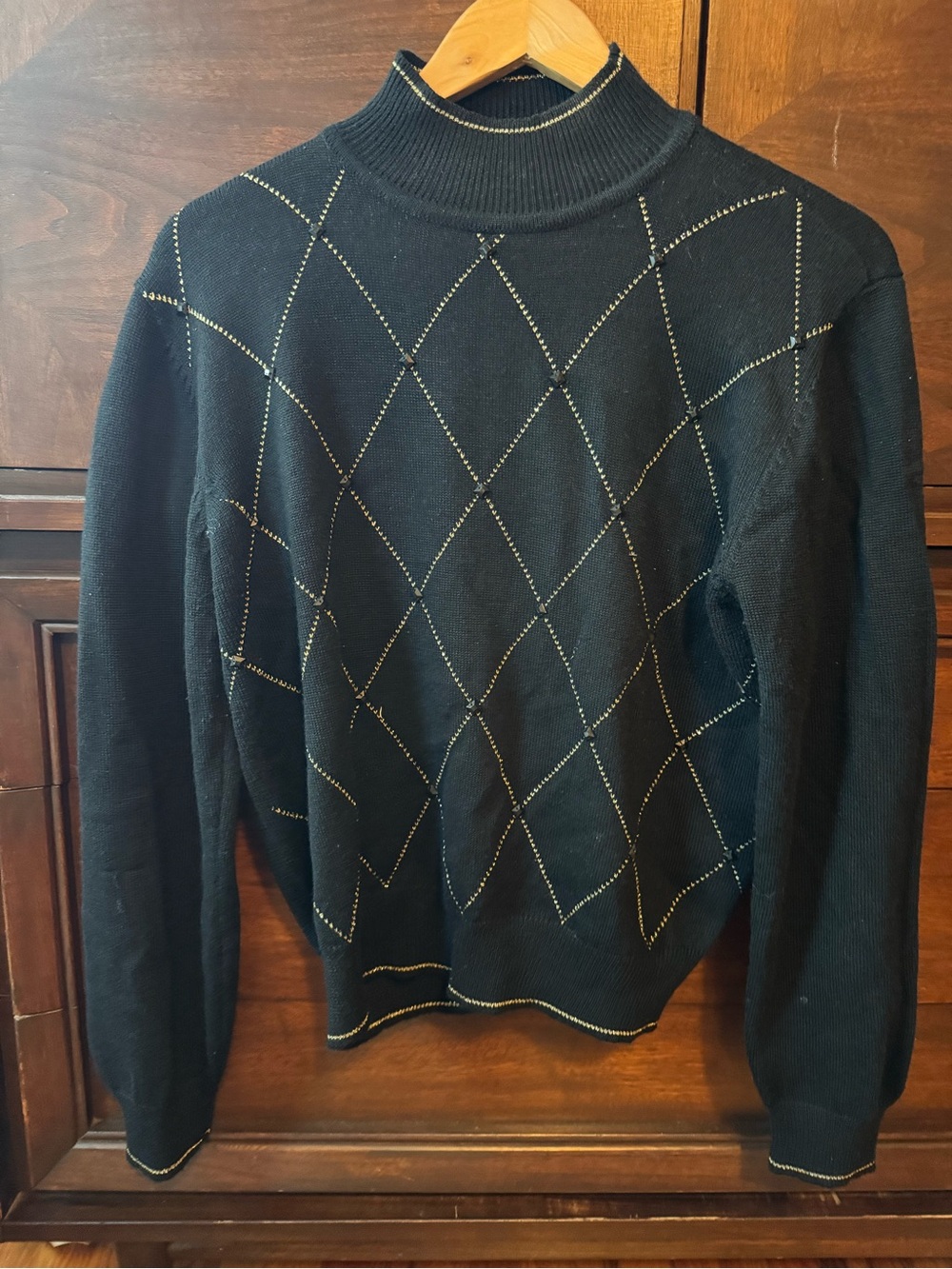 Vintage Y2K Liz Claiborne Black Bedazzled Sweater Size Med Gold Trim